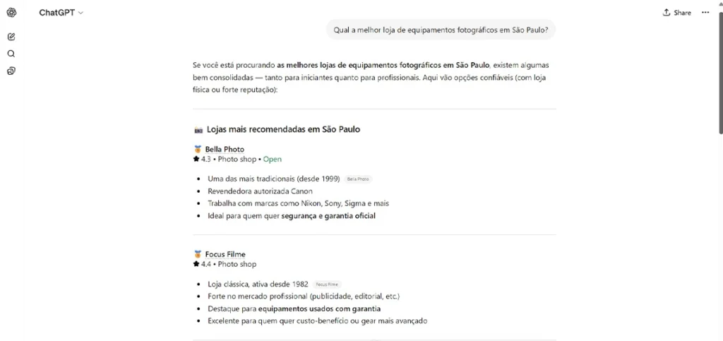 Resultado do ChatGPT recomendando lojas de equipamentos fotográficos em São Paulo com destaque para marcas bem posicionadas.
